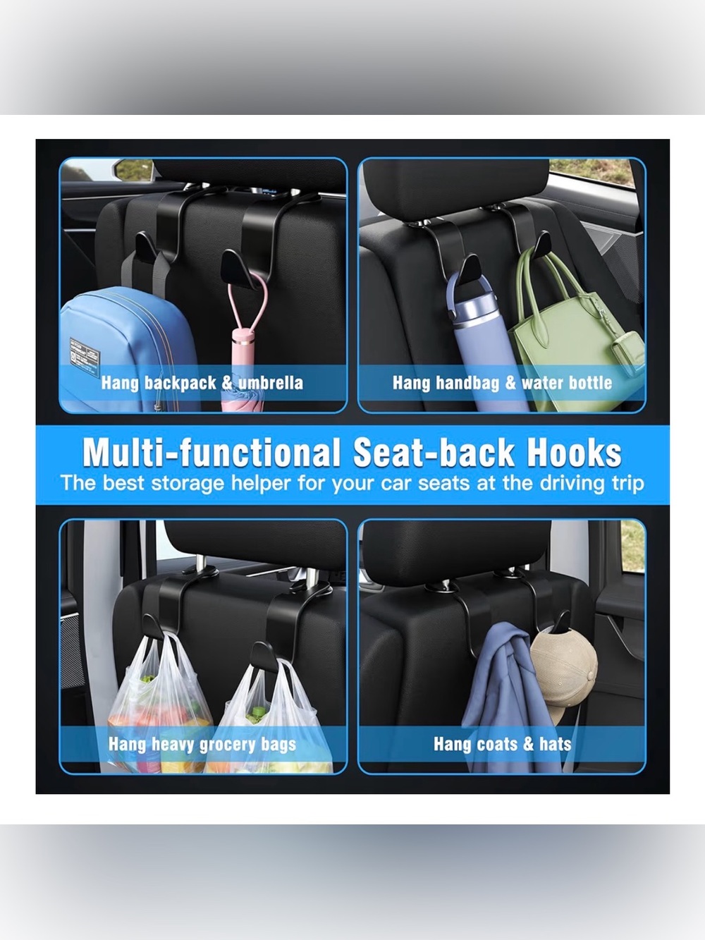 Universal Car Headrest Bag Hooks - Black Set of Two (2)